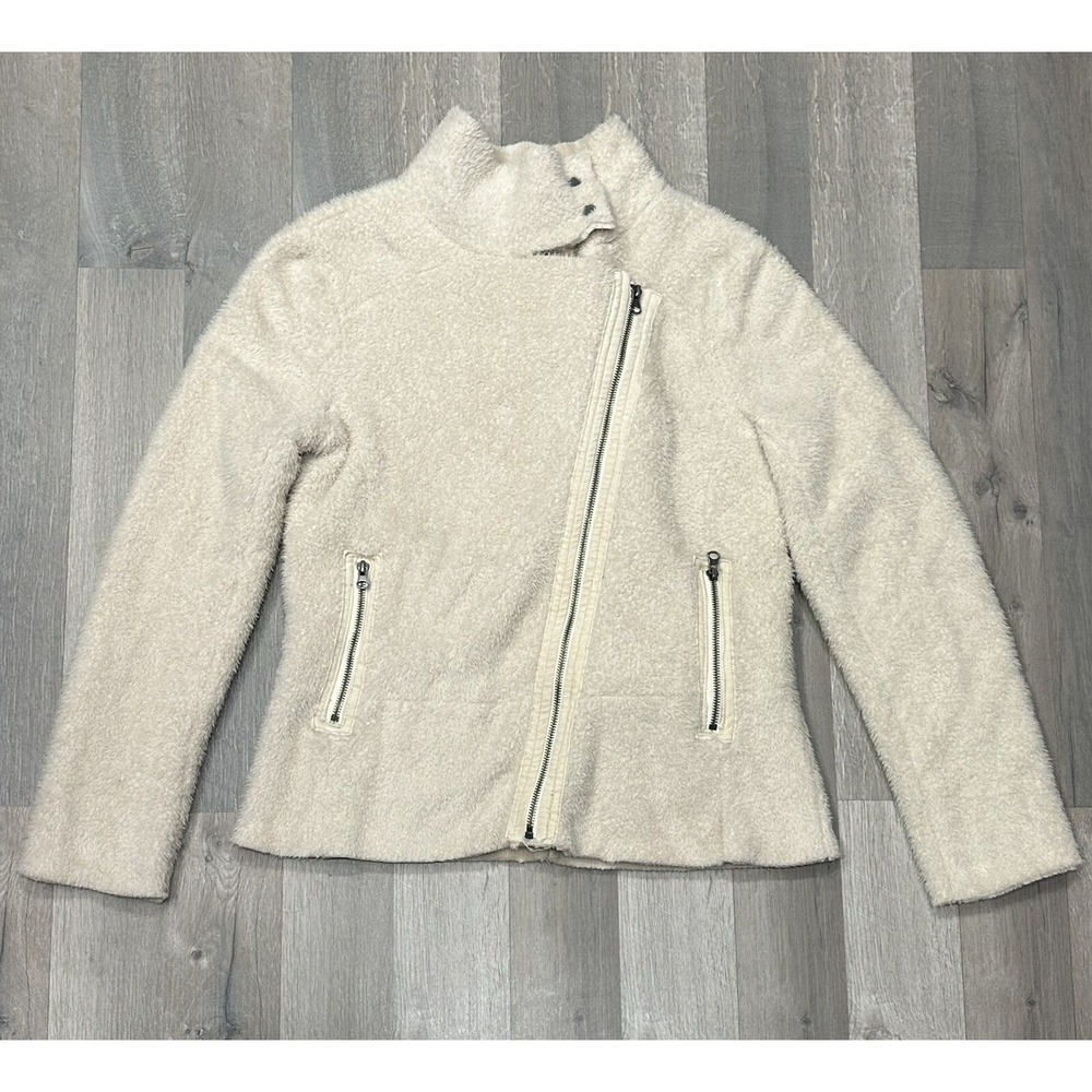 Free People Cozy Warm Moto Jacket Fuzzy Beige Sweater Full Zip - Women's Size S